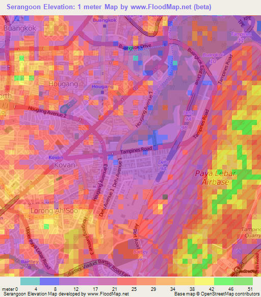 Serangoon,Singapore Elevation Map