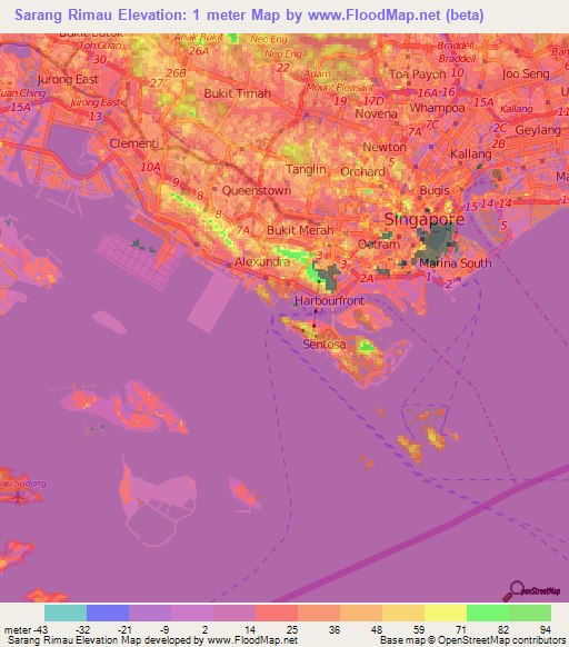 Sarang Rimau,Singapore Elevation Map