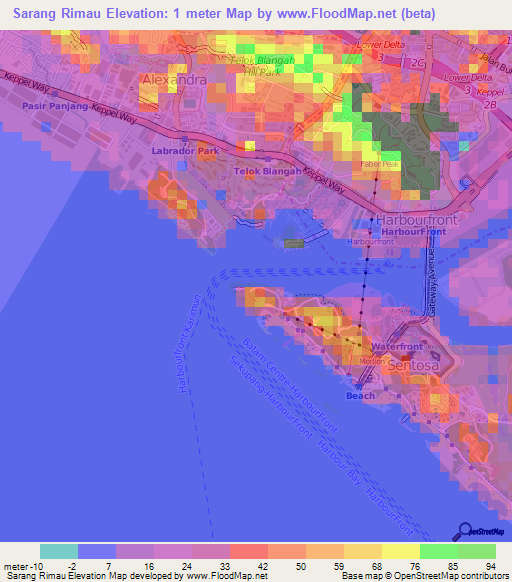 Sarang Rimau,Singapore Elevation Map
