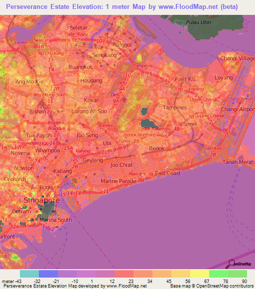 Perseverance Estate,Singapore Elevation Map