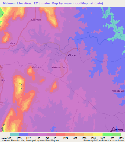 Makueni,Kenya Elevation Map