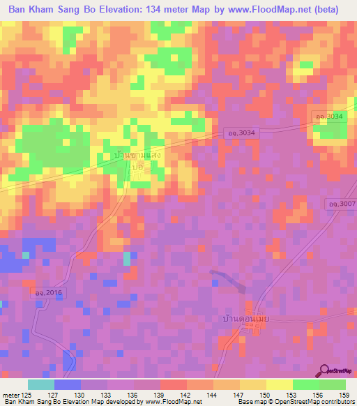 Ban Kham Sang Bo,Thailand Elevation Map
