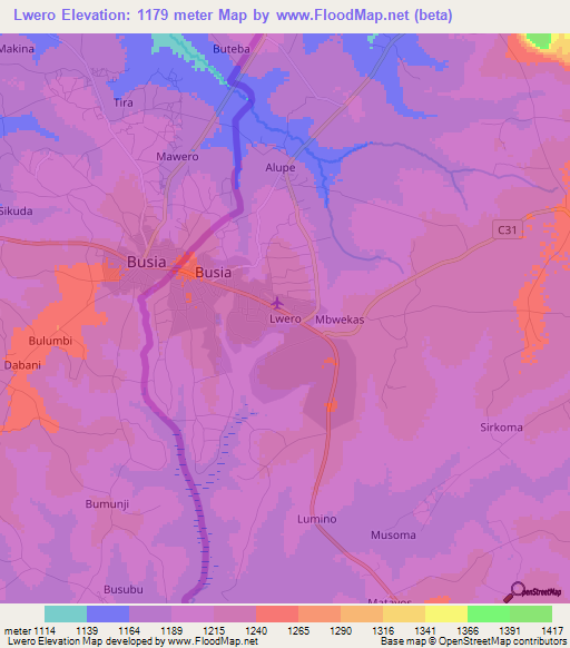Lwero,Kenya Elevation Map