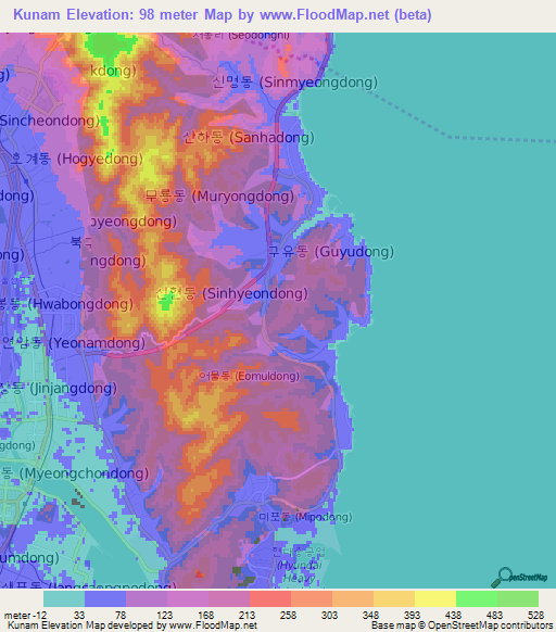 Kunam,South Korea Elevation Map