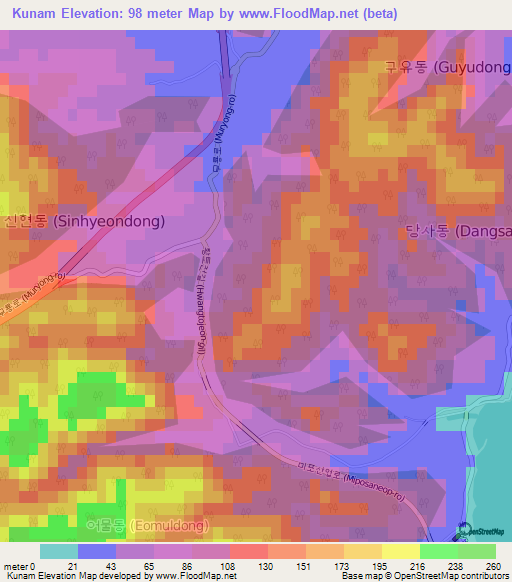 Kunam,South Korea Elevation Map