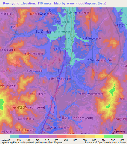 Kyemyong,South Korea Elevation Map