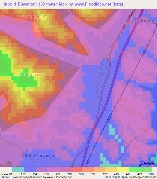 Inbo-ri,South Korea Elevation Map