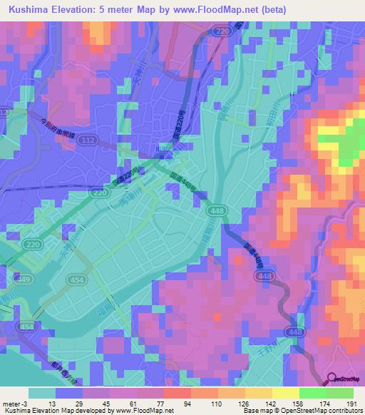 Kushima,Japan Elevation Map