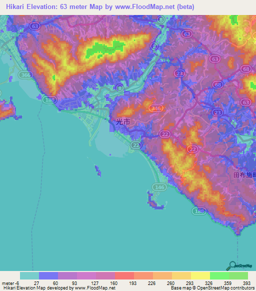 Hikari,Japan Elevation Map