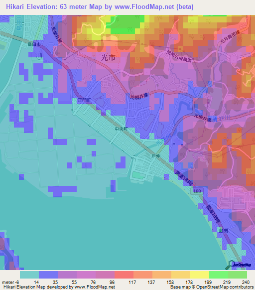 Hikari,Japan Elevation Map