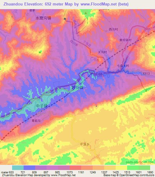 Zhuandou,China Elevation Map
