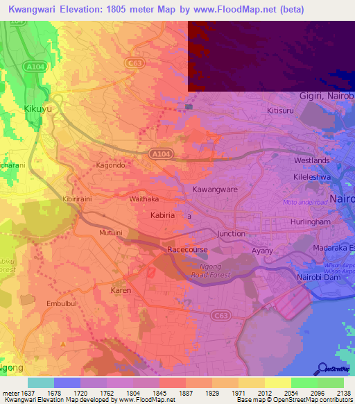 Kwangwari,Kenya Elevation Map