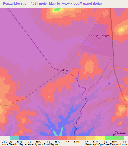 Konza,Kenya Elevation Map