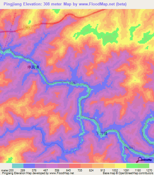 Pingjiang,China Elevation Map
