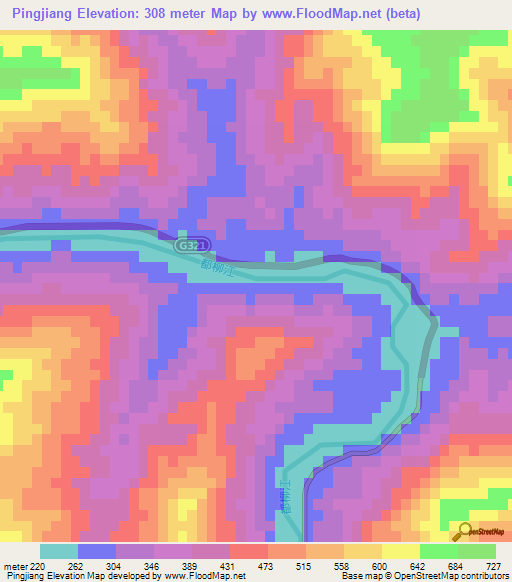 Pingjiang,China Elevation Map