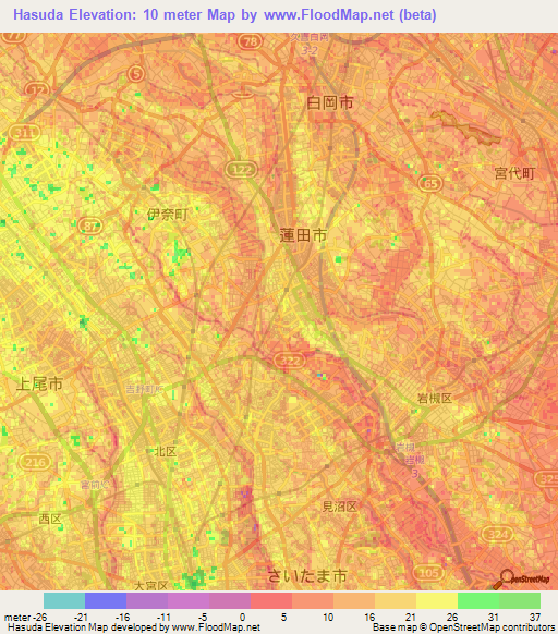 Hasuda,Japan Elevation Map