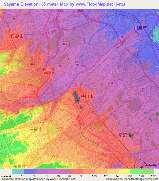 Sayama,Japan Elevation Map