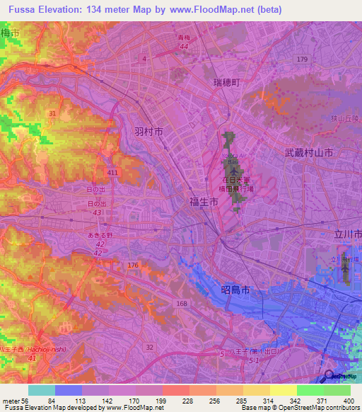 Fussa,Japan Elevation Map