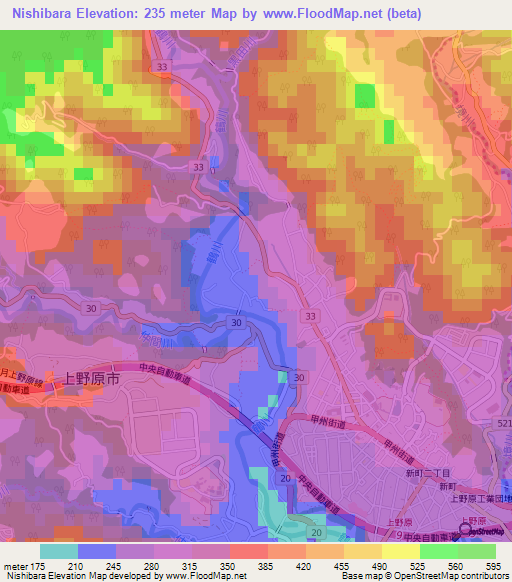 Nishibara,Japan Elevation Map