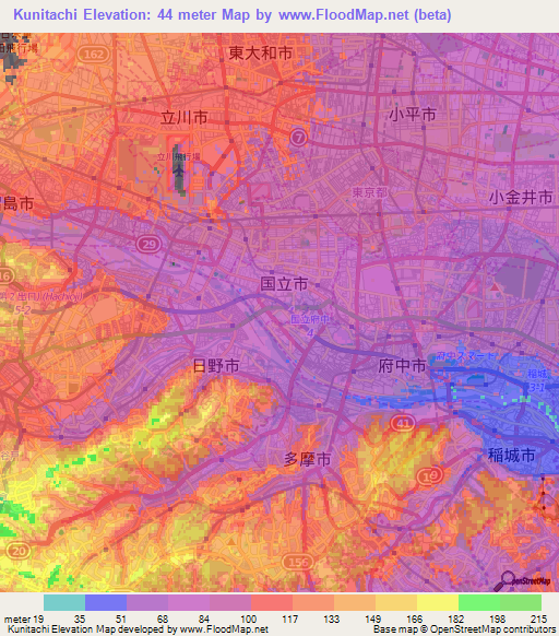 Kunitachi,Japan Elevation Map