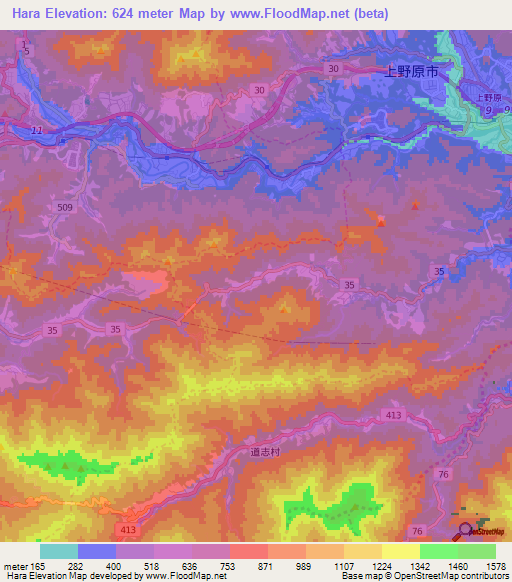 Hara,Japan Elevation Map