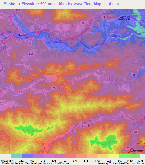 Mushono,Japan Elevation Map