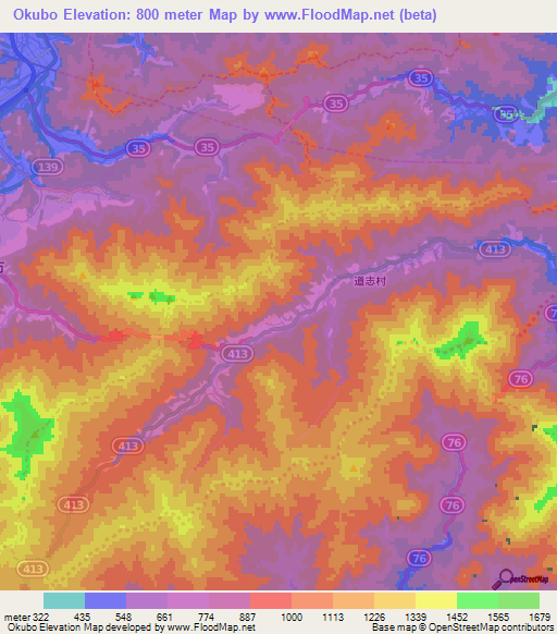 Okubo,Japan Elevation Map