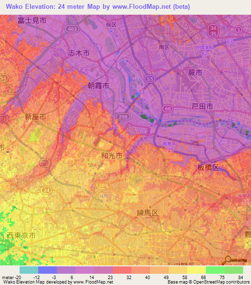 Wako,Japan Elevation Map