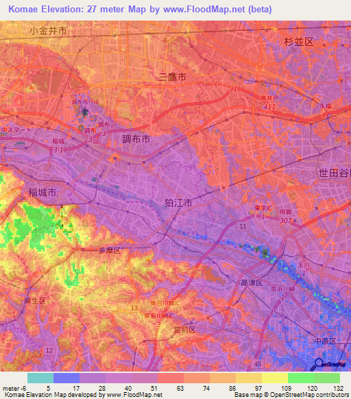 Komae,Japan Elevation Map