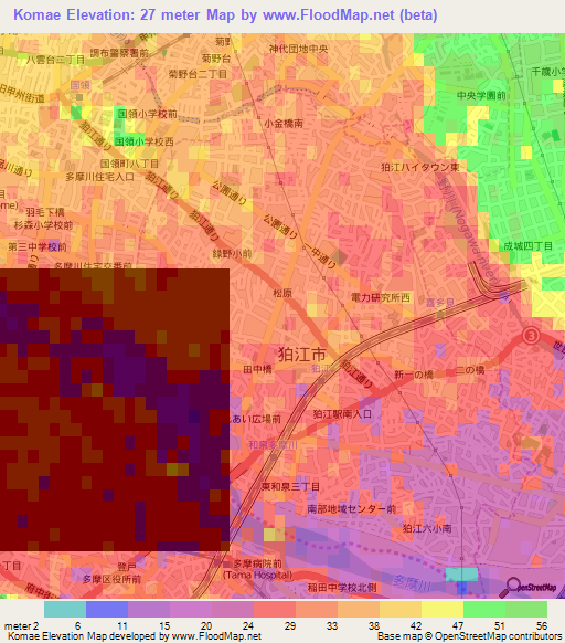 Komae,Japan Elevation Map