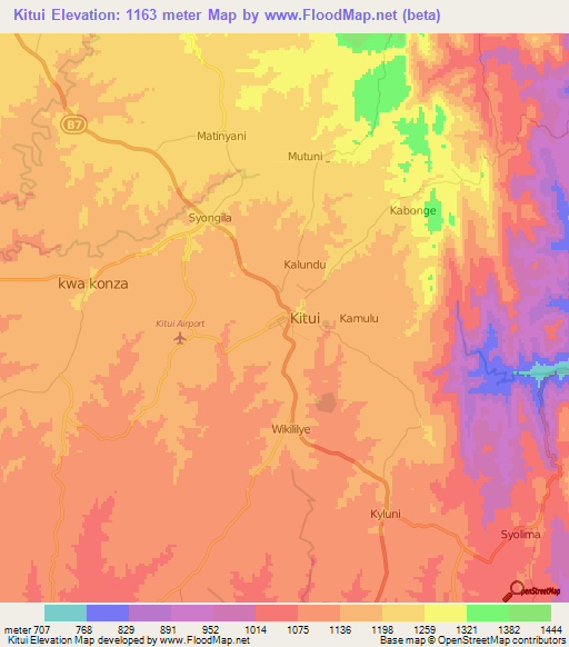 Kitui,Kenya Elevation Map