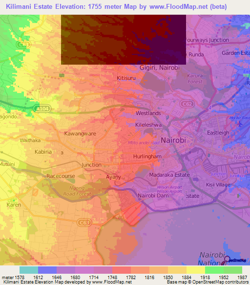 Kilimani Estate,Kenya Elevation Map