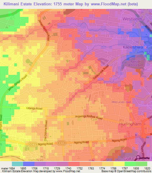 Kilimani Estate,Kenya Elevation Map