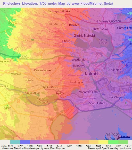 Kileleshwa,Kenya Elevation Map