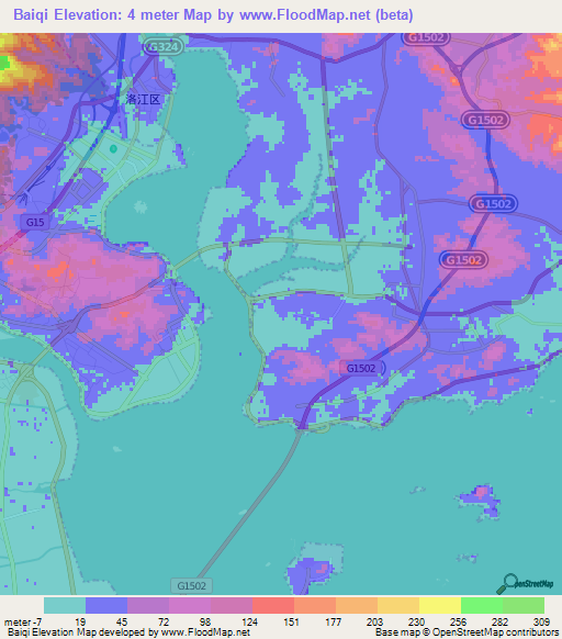 Baiqi,China Elevation Map