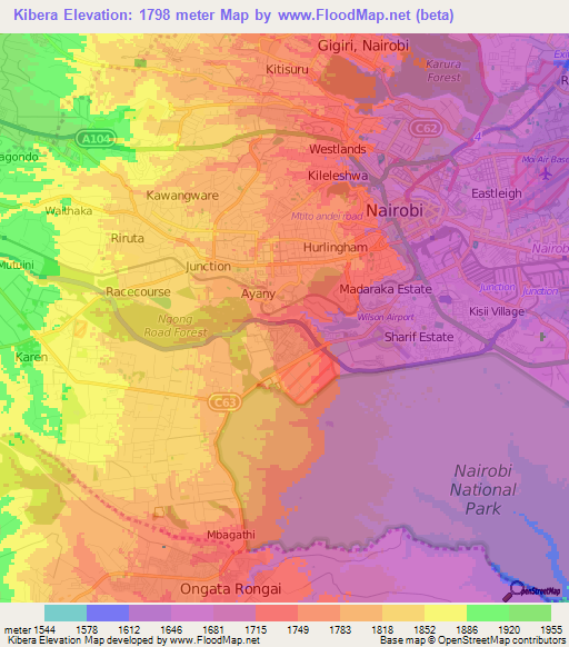 Kibera,Kenya Elevation Map
