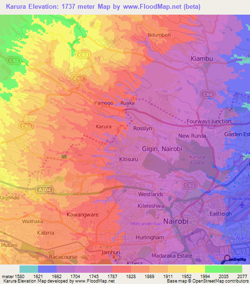 Karura,Kenya Elevation Map