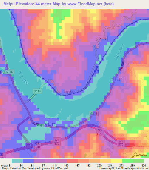 Meipu,China Elevation Map