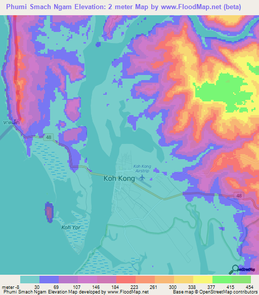 Phumi Smach Ngam,Cambodia Elevation Map