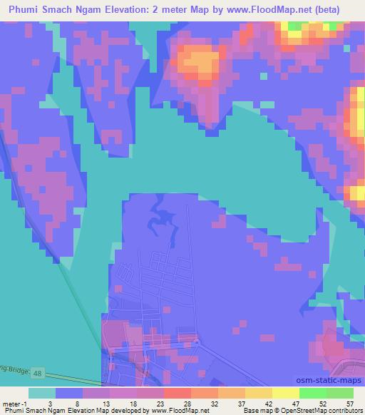Phumi Smach Ngam,Cambodia Elevation Map