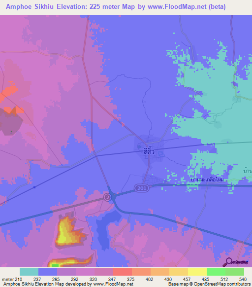 Amphoe Sikhiu,Thailand Elevation Map