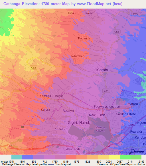 Gathanga,Kenya Elevation Map