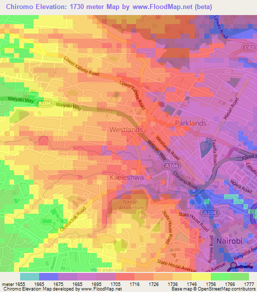 Chiromo,Kenya Elevation Map
