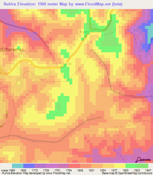 Ruhira,Rwanda Elevation Map