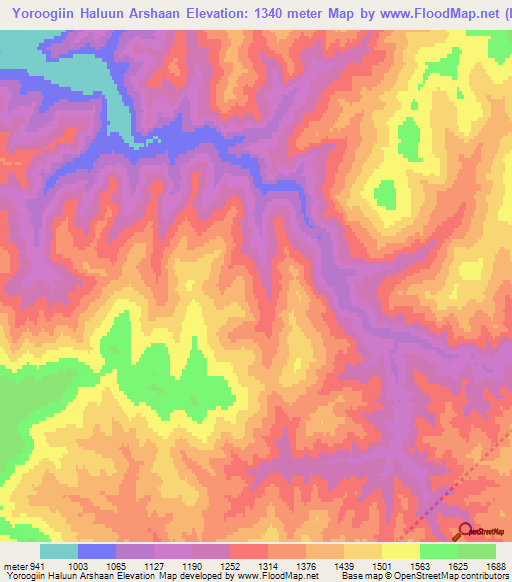 Yoroogiin Haluun Arshaan,Mongolia Elevation Map