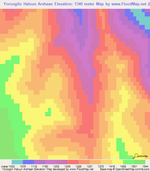 Yoroogiin Haluun Arshaan,Mongolia Elevation Map