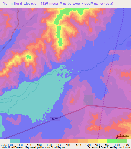 Yoliin Hural,Mongolia Elevation Map