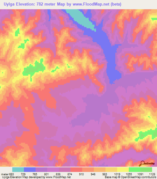 Uylga,Mongolia Elevation Map