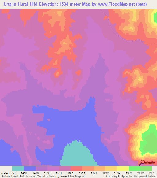 Urtaiin Hural Hiid,Mongolia Elevation Map