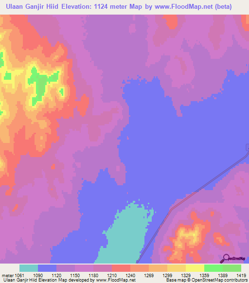 Ulaan Ganjir Hiid,Mongolia Elevation Map
